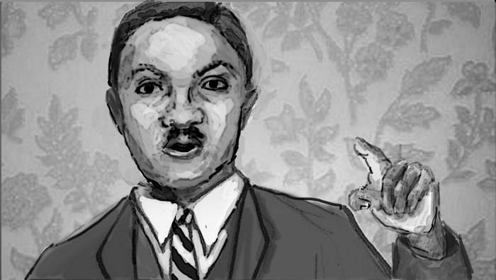 Storyboard panel: Ossian arguing, hand to his chest.