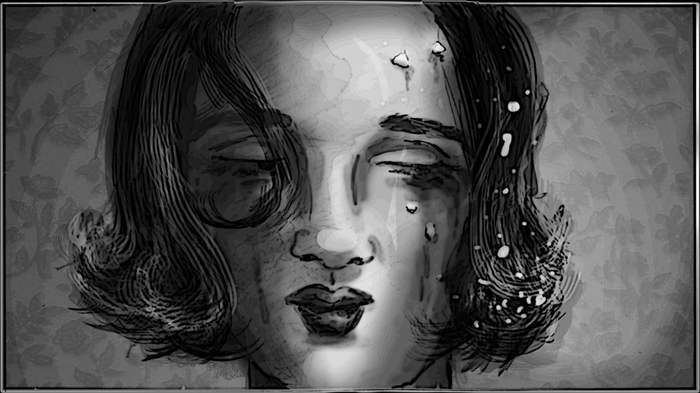 Storyboard panel: close on Gladys, glass in her hair.