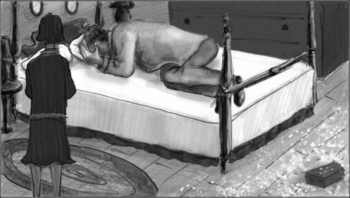 Storyboard panel: Gladys standing over Ossian on the bed.