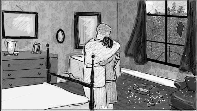 Storyboard panel: the couple at the broken window, glass across the floor.