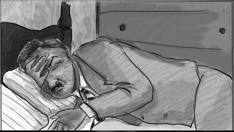 Storyboard panel: Ossian lying awake, hand over his face.