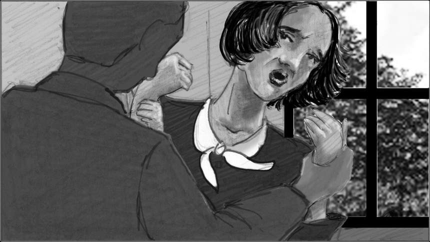 Storyboard panel: Gladys at the shattered window as a brick comes through.