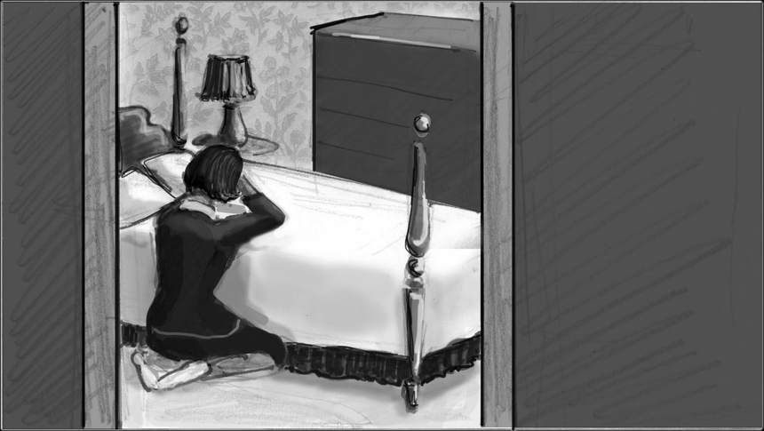 Storyboard panel: Gladys kneeling at the bed, seen through the doorway.
