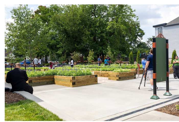 The memorial park's planted beds and walkways.