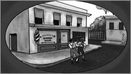 Storyboard, p.2: boys outside the barber shop.