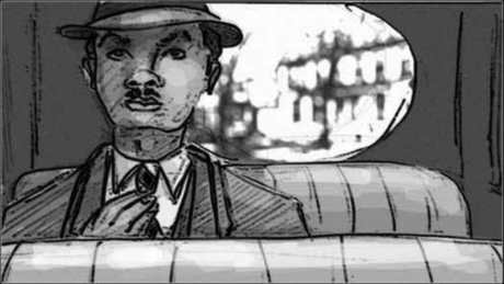 Storyboard, p.3: alone in the back seat.