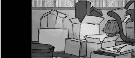Storyboard, p.4: boxes not yet unpacked.