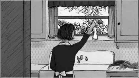 Storyboard, p.5: gladys waters the tulip.