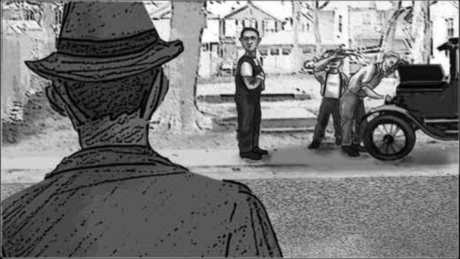 Storyboard, p.7: he sees them across the street.