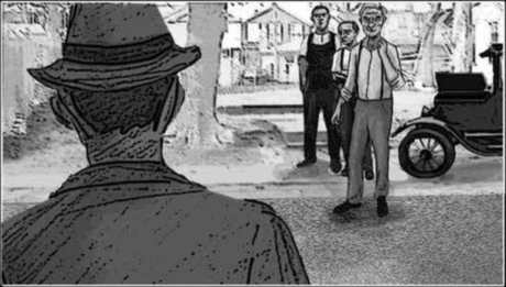 Storyboard, p.9: a nod, and a man spits.