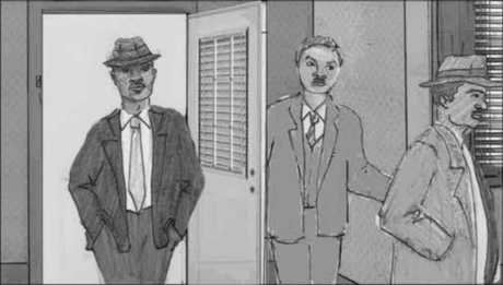 Storyboard, p.33: four men, standing around.