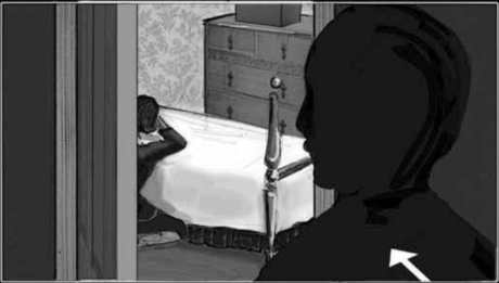 Storyboard, p.43: he finds her praying.
