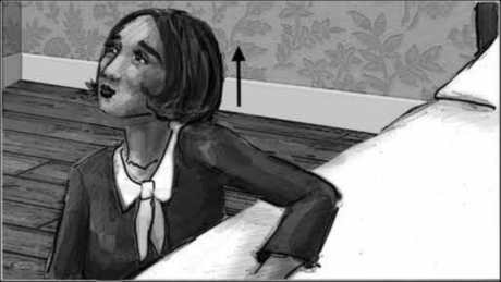 Storyboard, p.44: she stands to greet him.