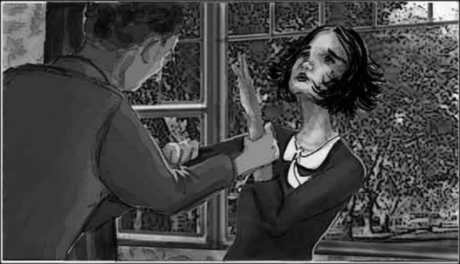 Storyboard, p.49: he holds her wrists.