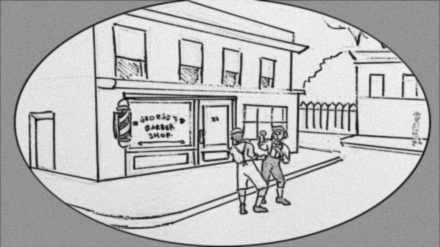 Storyboard shot 1B: boys outside the barber shop.