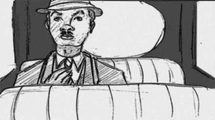 Storyboard shot 1E: alone in the back seat.
