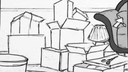 Storyboard shot 3A: boxes not yet unpacked.