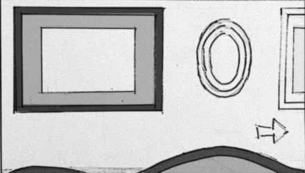 Storyboard shot 3A.1: photographs already hung.