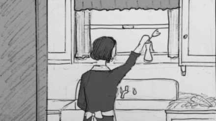 Storyboard shot 3A.4: gladys waters the tulip.