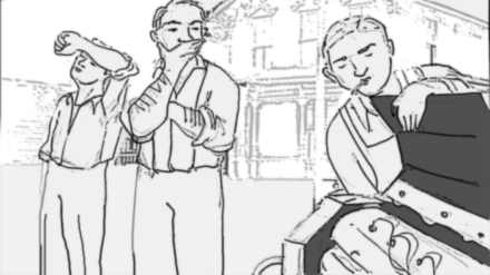 Storyboard shot 4B: the neighbours are out.