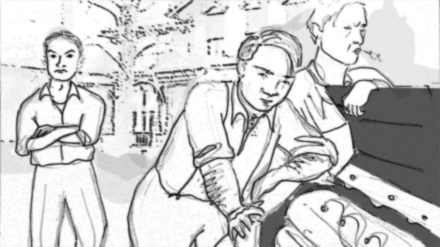 Storyboard shot 4B.2: men on a car across the street.