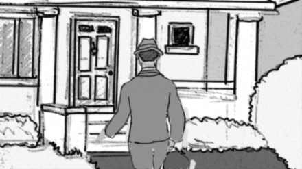 Storyboard shot 4C.2: up the walk to the door.