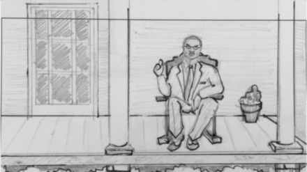 Storyboard shot 6C: wide on the porch.